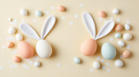 Two rabbits with white ears are sitting with a bunch of eggsの写真素材