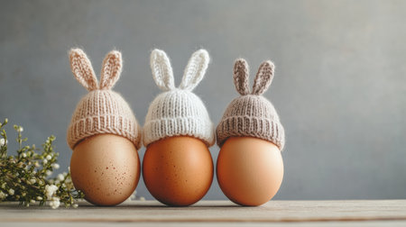 Three eggs with knit hats on top of themの写真素材