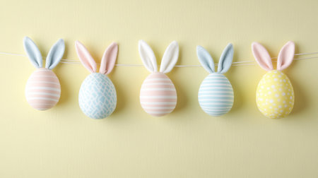 Row of Easter eggs with bunny ears hanging from a stringの写真素材