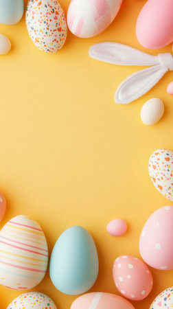 Yellow background with a bunch of colorful Easter eggs and a bunnyの写真素材