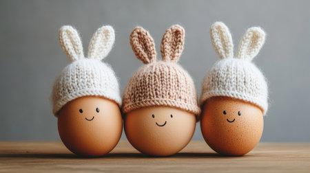 Three eggs with bunny hats on top of themの写真素材