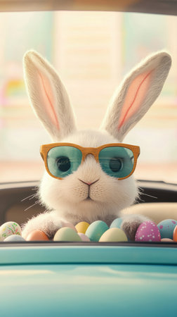 Cartoon rabbit is wearing sunglasses and driving a carの写真素材