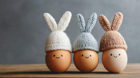 Three eggs with bunny hats on top of themの写真素材