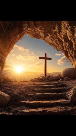 Cross is shown in a cave with a sunset in the backgroundの写真素材