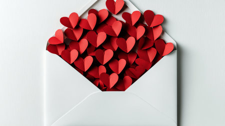 White envelope with a bunch of red hearts insideの写真素材