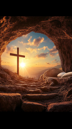 Cross is shown in a cave with a sunset in the backgroundの写真素材