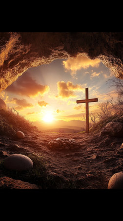 Cross is shown in a cave with a sunset in the backgroundの写真素材
