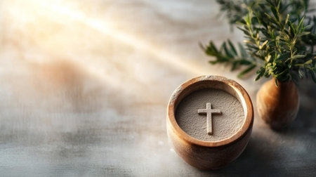 Wooden bowl with a cross in it sits on a tableの写真素材