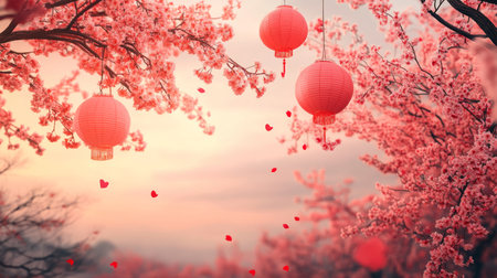 Tree with three red lanterns hanging from it