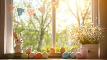 Window sill with a bunny and a bunch of Easter eggs