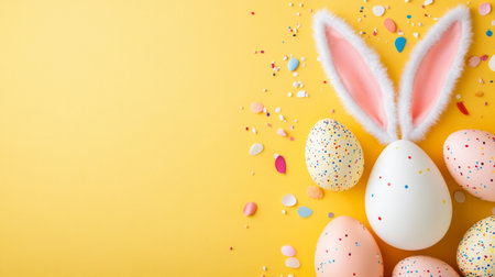 Yellow background with a bunny and eggs on itの写真素材