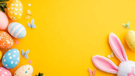 Yellow background with a bunch of Easter eggs and a rabbitの写真素材