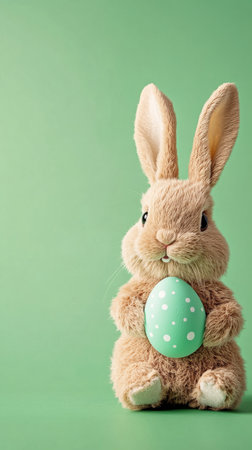 Stuffed rabbit holding an Easter eggの写真素材