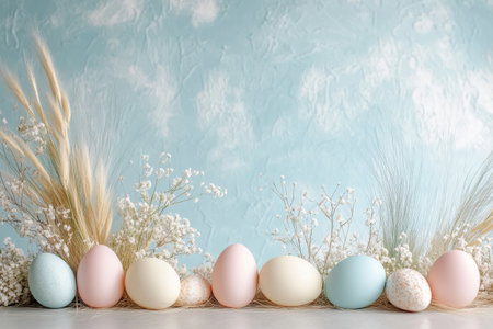 Blue wall with a bunch of white flowers and pink, yellow, and blue eggsの写真素材