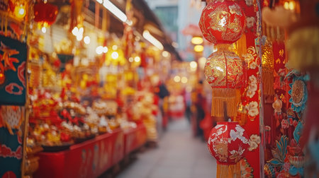 Busy market with many lanterns hanging from the ceilingの写真素材