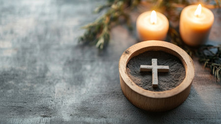 Wooden bowl with a cross and candles on top of it