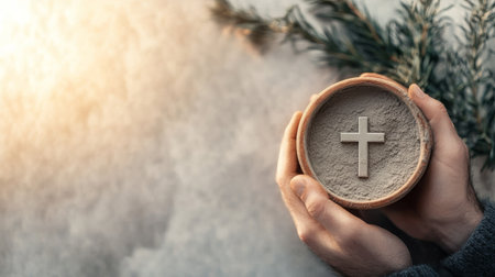 Person holds a bowl with a cross on itの写真素材