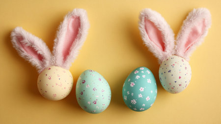 Four Easter eggs with bunny ears are arranged in a row on a yellow backgroundの写真素材
