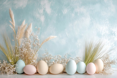 Blue wall with a white background and a bunch of eggs and flowersの写真素材