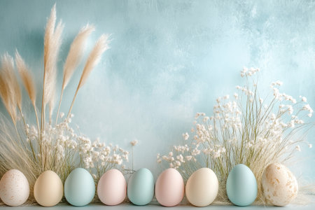 Blue background with a bunch of eggs and some flowersの写真素材