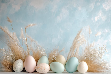 Bunch of eggs are arranged in a row on a tableの写真素材