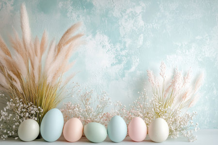 Bunch of eggs are arranged in a row, with some of them being blueの写真素材