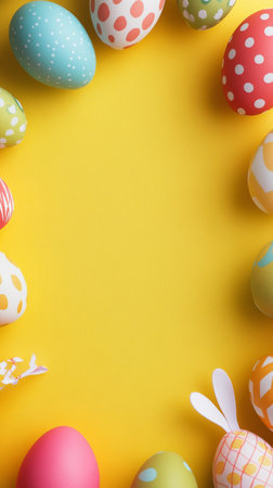 Yellow background with a bunch of colorful eggs in a circleの写真素材