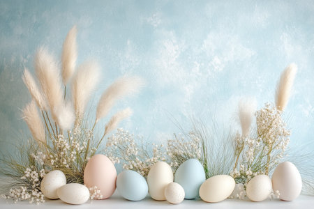 Blue wall with a bunch of white flowers and eggsの写真素材