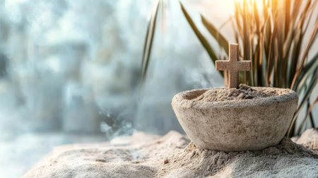 Cross is placed on a sandy surface, surrounded by a bowlの写真素材