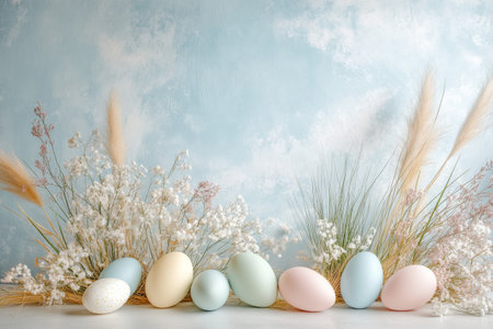 Bunch of eggs are arranged in a row on a tableの写真素材