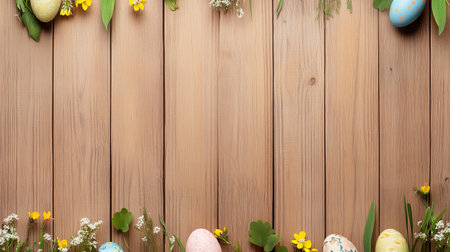 Wooden frame with a variety of Easter eggs and flowersの写真素材