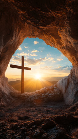 Cross is in the middle of a cave with a sunset in the backgroundの写真素材