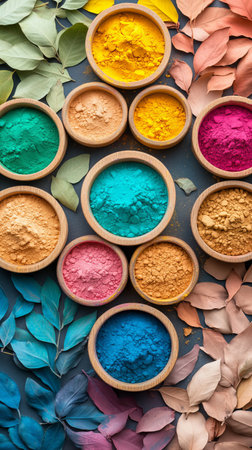Colorful assortment of bowls filled with different colored powdersの写真素材