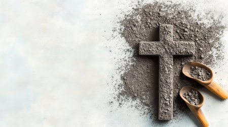 Cross is on a white background with a pile of dirt and a spoonの写真素材
