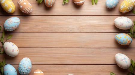 Wooden background with a variety of painted Easter eggs surrounding itの写真素材