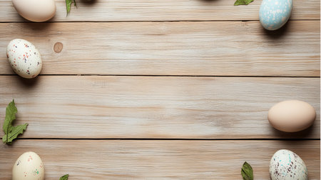 Wooden background with a row of eggs and green leavesの写真素材