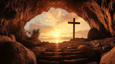 Cross is in a cave with a sunset in the backgroundの写真素材