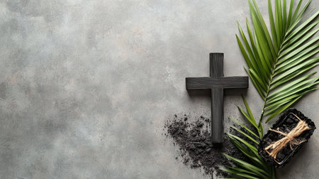 Cross is on a grey background with a palm leaf and some dirtの写真素材
