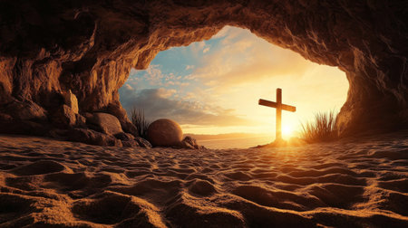 Cross is lit up in the sun in a caveの写真素材
