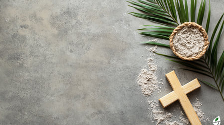 Cross is on a grey background with a leaf and some powder
