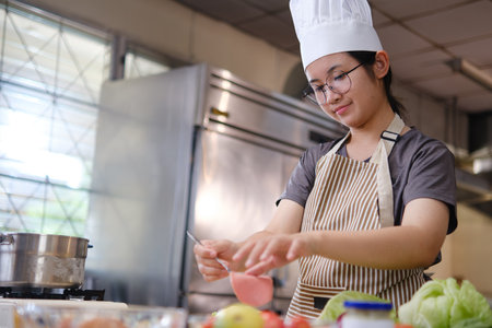 Chef adding ham slice to a fresh sandwich in a commercial kitchen.の写真素材