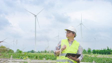 Engineer working with laptop at wind turbine field generating electricity for renewable clean energy.の写真素材
