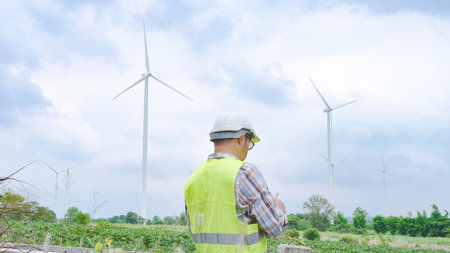 Engineer working with laptop at wind turbine field generating electricity for renewable clean...