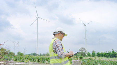 Engineer working with laptop at wind turbine field generating electricity for renewable clean...