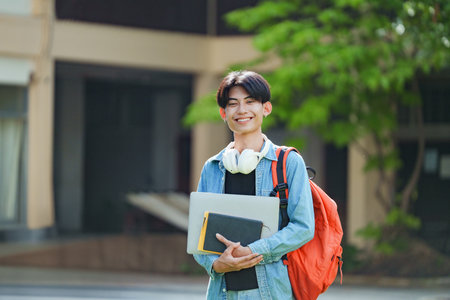 A cheerful Asian college student stands outside on campus with a backpack, smiling and looking at the camera.の写真素材