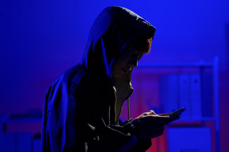 Hacker using smartphone for phishing attack and data theft in dark cyber environmentの写真素材