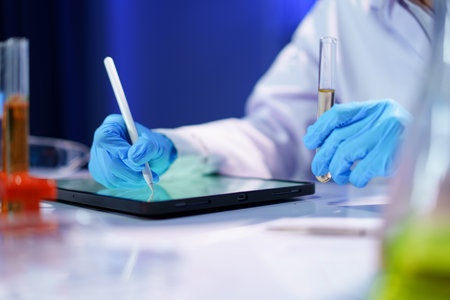 Scientist recording the results of the study in a laboratory journal.