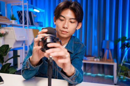 Young man adjusting microphone for podcast recording in home studioの写真素材