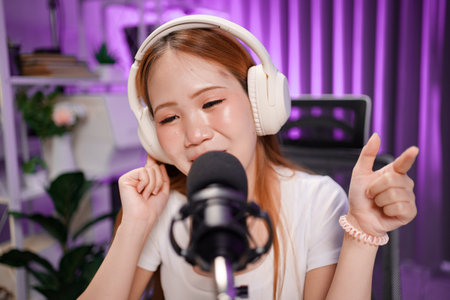 Podcast host recording professional audio for streaming broadcast and digital content creation in...