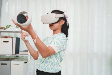 Girl Learning with Virtual Reality Headset Future Education Technology